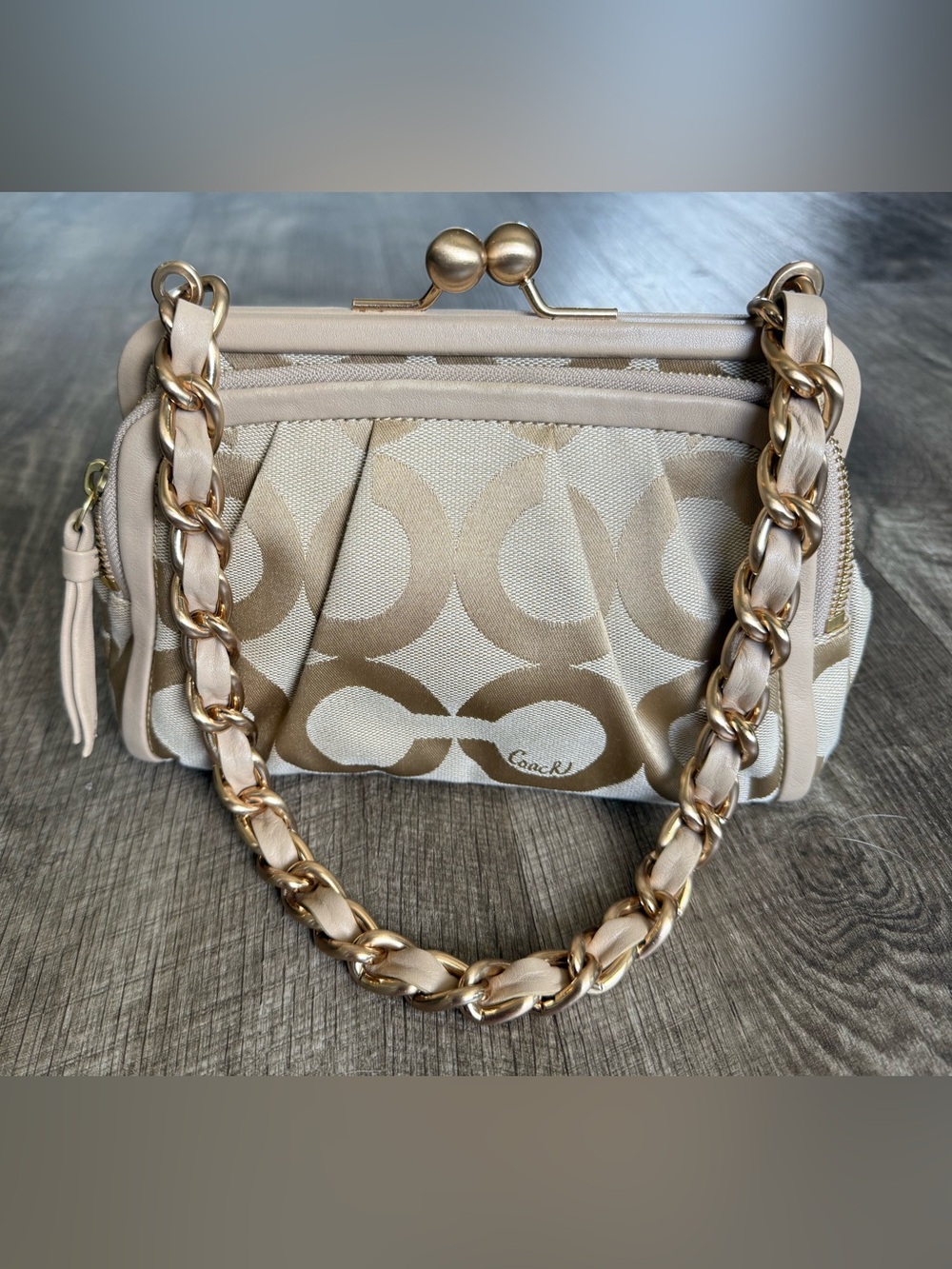 COACH Y2K Parker Op Art Signature Print Canvas Leather Kisslock Frame Handbag
